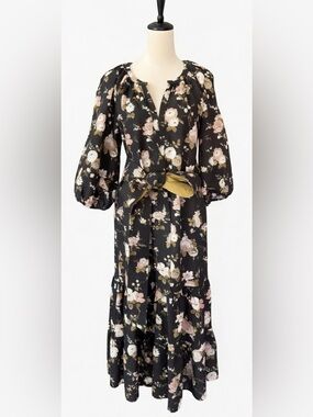 Tuckernuck Midnight Garden Lyles Black Floral Tiered Midi Dress Size XXS ✨
